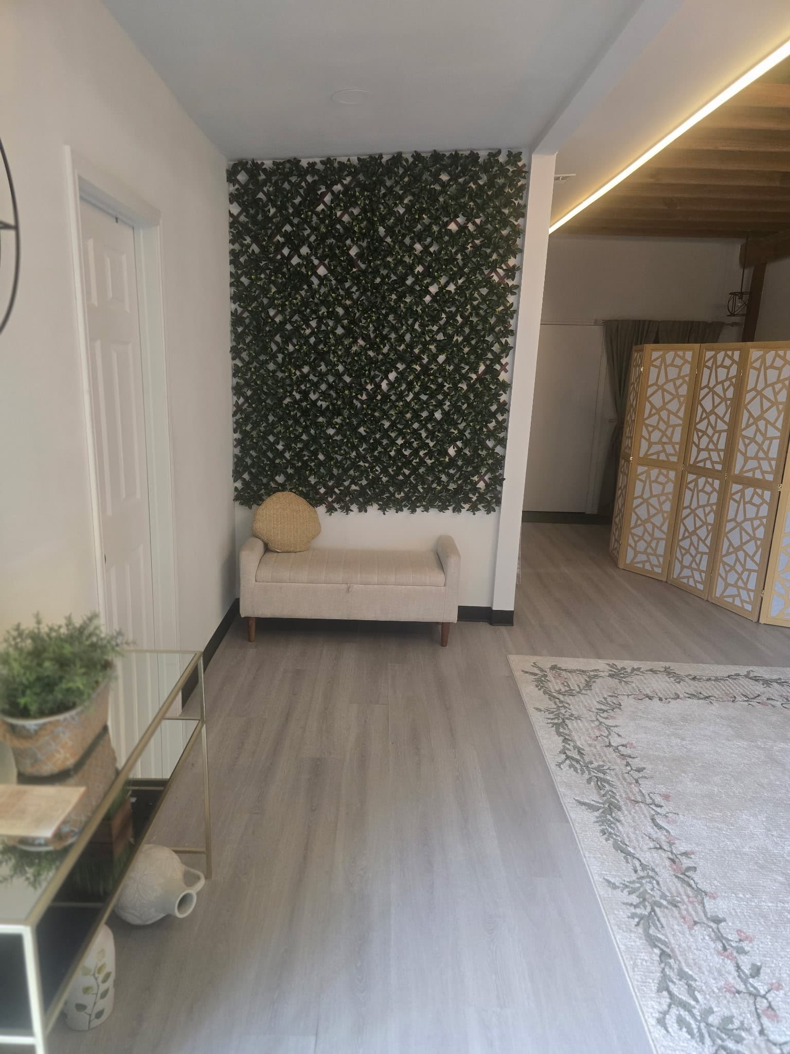 Studio hallway with green wall